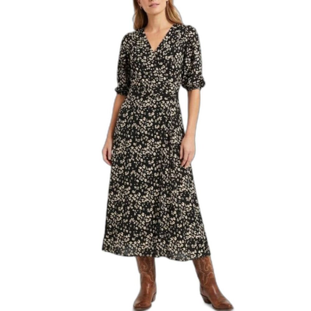 Garnet Hill NWOT Black Ivory Leopard Elbow Sleeve Flowy Boho Midi Dress Sz XS